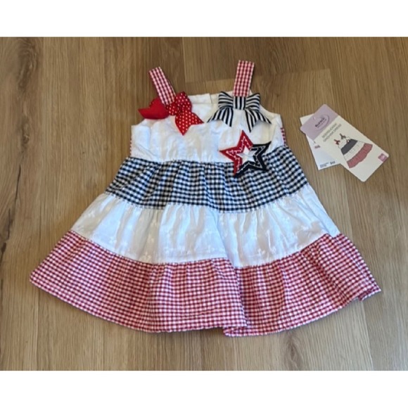 Blueberi Boulevard Other - Blueberi Boulevard Baby Girls Seersucker Gingham Tiered Patriotic Dress 12M NWT